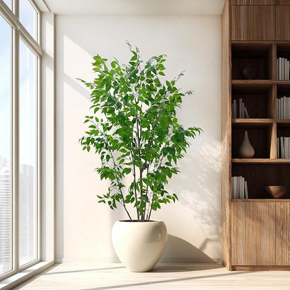 Artificial Ficus Tree with Green Leaves, 7ft Tall, Indoor Plant with Decorative Beige Planter