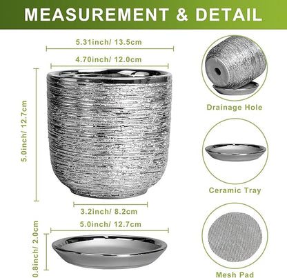 Ceramic Plant Pot 5 Inch - Indoor Planter with Drainage Hole and Saucer, Round Modern Flower Pot for Succulent Plants, Housewarming Gifts, Office Home Desk Decor, Silver