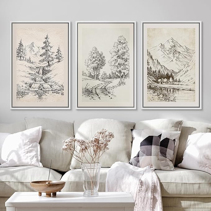 Ashbrook Framed Canvas Print Wall Art Set Vintage Country Forest Landscapes Nature Wilderness Illustrations Fine Art Floral Botanical Minimal Calm/Relax/Cozy for Bedroom - 16"x24"x3 WHITE