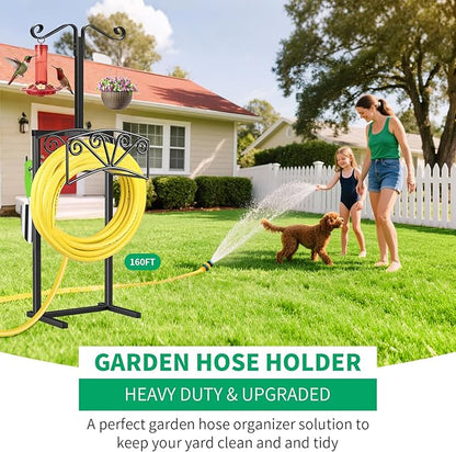 TomCare Garden Hose Holder with 2 Shepherds Hooks Heavy Duty Water Hose Holder Holds 160 FT Hoses Sturdy Hose Reel with 2 Tool Hooks Freestanding Outdoor Hoses Storage Hanger for Outside Yard, Black