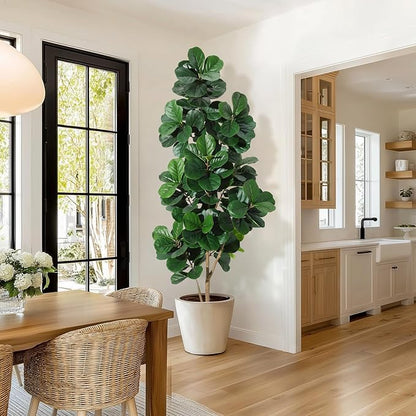 7 ft Fiddle Leaf Fig Tree Artificial with 141 Leaves - Realistic Faux Ficus Lyrata Trees in 9 in Grey Planter Pot, Indoor Fake Floor Plants for Home Office Living Room Decor, Housewarming Gift