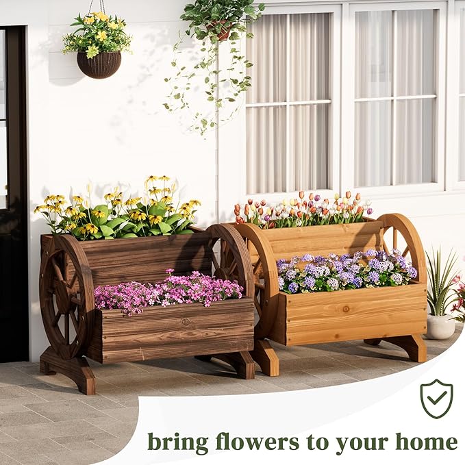 Garden Planter with Wheels, Wooden Wagon Box, Decorative Planter for Flowers Herbs Vegetables for Indoor & Outdoor Décor Flower Cart for Patio Garden Balcony (Carbonized)