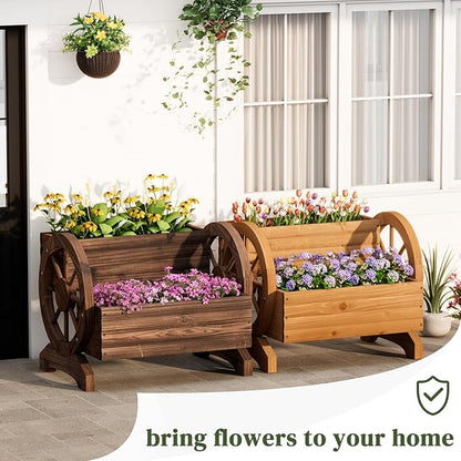 Garden Planter with Wheels, Wooden Wagon Box, Decorative Planter for Flowers Herbs Vegetables for Indoor & Outdoor Décor Flower Cart for Patio Garden Balcony (Carbonized)