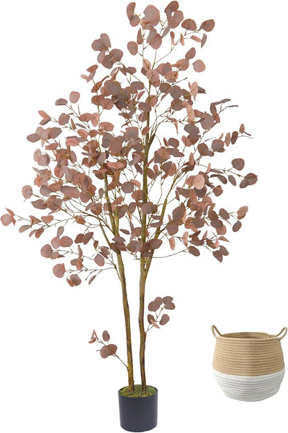 Artificial Eucalyptus Tree, 6ft Fake Eucalyptus Plant with Basket, Red Silver Dollars Silk Leaves Faux Tree for Home Office Perfect Housewares Gift Decoration