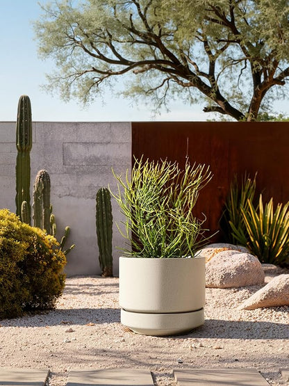 LE TAUCI Large 14 Inch Plant Pot with Saucer | Ceramic Outdoor & Indoor Big Planter Pot | Drainage Hole, Mesh Pad & Plug | Unglazed Porous | Modern Minimalist for Home and Patio – Speckled Oat