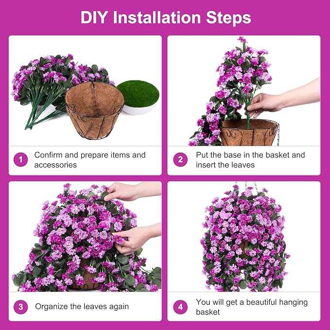 Artificial Flowers in Hanging Basket for Outdoors Indoors Decor, Artificial Mums Bush Flowers Plants with Baskets for Home Porch Garden Yard Patio Spring Summer Decoration (Purple Pink)