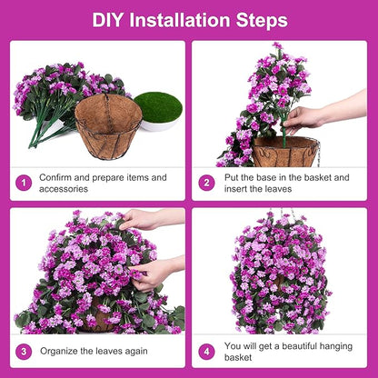 Artificial Flowers in Hanging Basket for Outdoors Indoors Decor, Artificial Mums Bush Flowers Plants with Baskets for Home Porch Garden Yard Patio Spring Summer Decoration (Purple Pink)