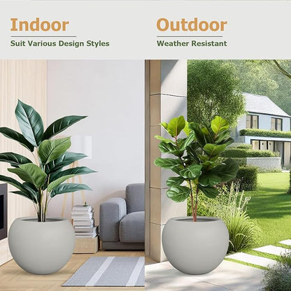 16"H x 20"D Globo Fiberstone Round Planter with Drainage Hole, Smooth Finishes, Weather Resistant for Indoor and Outdoor Use, Included 2 Extra Coco Mats (Light French Gray, 13.5 Pot Opening)
