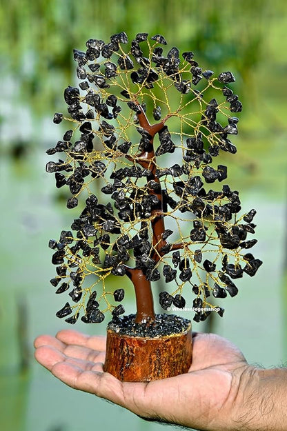 GEMSCITE Black Tourmaline Crystal Tree with Golden Wire – Handmade Gemstone Bonsai for Protection, Grounding & Home Decor