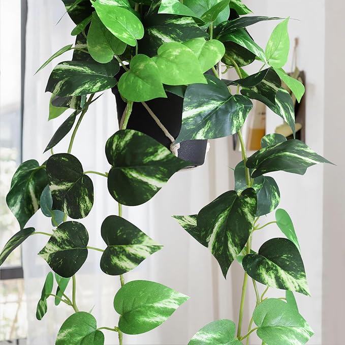alyptus UV Resistant Fake Pothos Hanging Plants - Realistic Faux Pothos Vines for Indoor & Outdoor Décor, Lush Greenery for Shelves, Counters, Entry Tables - Golden Green