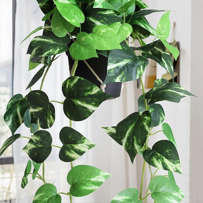 alyptus UV Resistant Fake Pothos Hanging Plants - Realistic Faux Pothos Vines for Indoor & Outdoor Décor, Lush Greenery for Shelves, Counters, Entry Tables - Golden Green