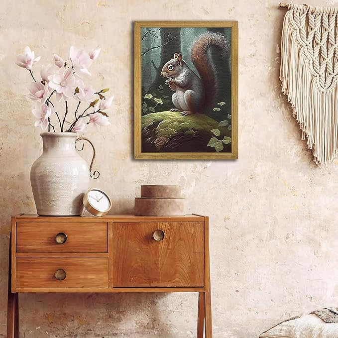 SAMHOU Framed Vintage 3D Textured Wall Art, Hand Drawn Sandstone Squirrel Prints Pictures, Dark Nature Animal Wall Decor for Living Room Bedroom Bathroom Nursery 12x16 inch