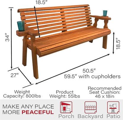 Amish Casual Heavy Duty Pressure Treated 4 Foot Outdoor Garden Bench with Cup Holders - Amish Crafted Roll Back Design in Cedar Stain, 700 Lb Weight Capacity