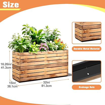 FENCY Large Metal Planter, Large Rectangular Planters for Outdoor Plants, Tall Outdoor Planters for Porch Patio, 32" L x 15" W x 16.3" H Walnut Finish Metal Planter with Drainage Hole