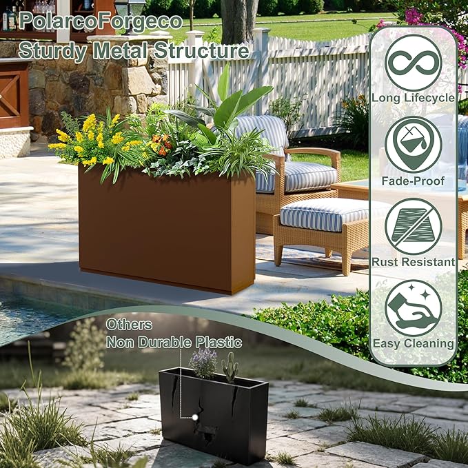 Metal Rectangular Planter Box for Outdoor Plants, Flowers, Tall & Long Planters with Drainage Holes, All-Weather Use (35" L x 9" W x 26" H, Brown)