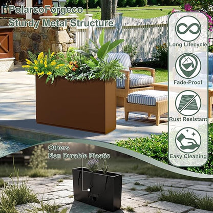 Metal Rectangular Planter Box for Outdoor Plants, Flowers, Tall & Long Planters with Drainage Holes, All-Weather Use (35" L x 9" W x 26" H, Brown)