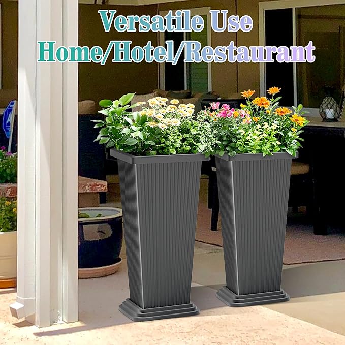 24 Inch Tall Tapered Square Planters (Set of 2) - Indoor Outdoor Large Flower Pots with Built-in Drainage & Matching Water Tray for Patio, Garden, Home - Gray