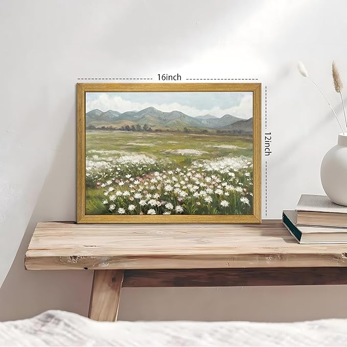 Framed Canvas Wall Art, Vintage Landscape Bathroom Wall Decor, Countryside Flower Field Classic Print Poster, Farmhouse Kitchen Oil Painting, large Artwork Living Room Home Decor 12x16 Inch
