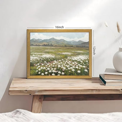 Framed Canvas Wall Art, Vintage Landscape Bathroom Wall Decor, Countryside Flower Field Classic Print Poster, Farmhouse Kitchen Oil Painting, large Artwork Living Room Home Decor 12x16 Inch
