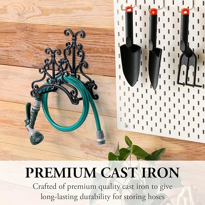 MyGift Wall Mounted Garden Hose Holder, Vintage Baroque Scrollwork Cast Iron Watering Tube Rack, Decorative Floral Pattern Hanging Hook Water Hosepipe Reel