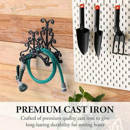MyGift Wall Mounted Garden Hose Holder, Vintage Baroque Scrollwork Cast Iron Watering Tube Rack, Decorative Floral Pattern Hanging Hook Water Hosepipe Reel
