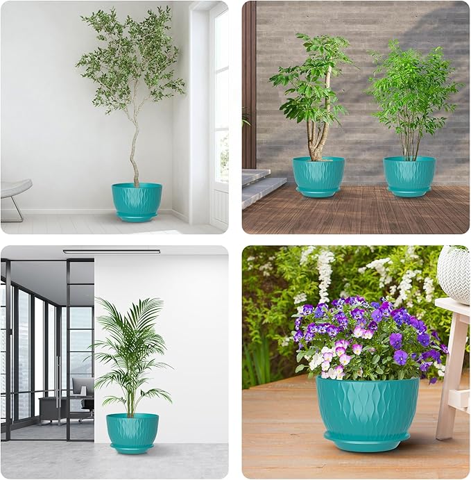 12 inch Large Plant Pots, Flower Pots with Multi-Mesh Drainage Holes and Saucer, Plastic Planters for Indoor and Outdoor Garden Plants (Black-Green, 12")