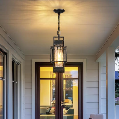 15" Outdoor Indoor Pendant Light Exterior Hanging Lantern, Modern Black Metal Outside Chandelier Light Fixture Ceiling Mount with Water Glass for Front Porch Entrance Foyer Entryway, Black Brush Gold