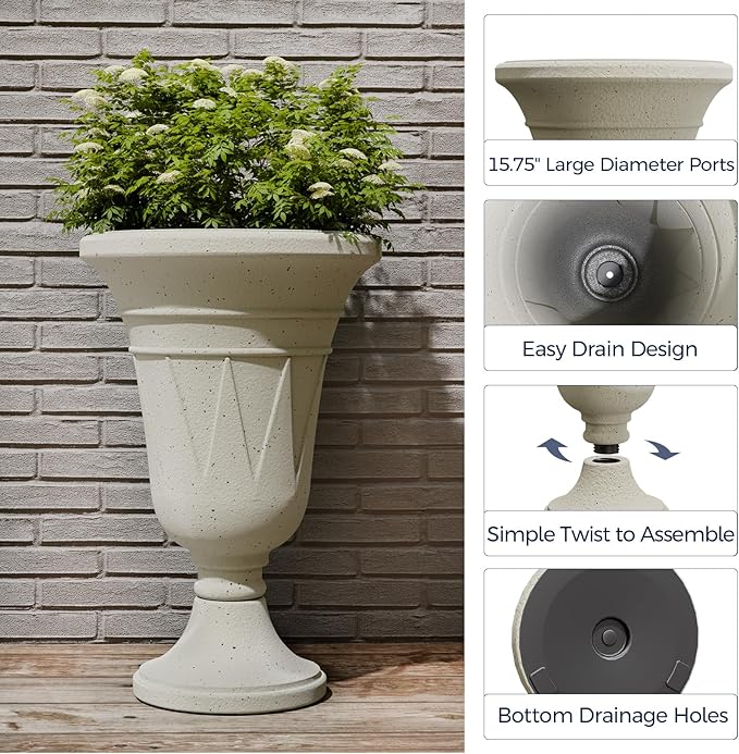 FONTOI 23" Tall Plastic Urn Planter (2-Pack) – Planters for Outdoor Plants with Drainage Holes & Trophy Design, Heavy-Duty Classic Indoor Large Flower Pots for Home Garden, Front Porch & Decor, White