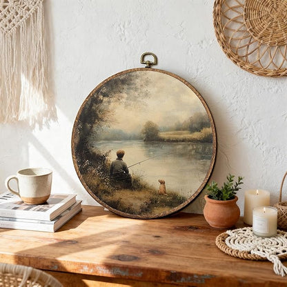 DEQSX Vintage Farmhouse Lakeside Round Wall Art, Rustic Countryside Little Boy Fishing with Dog Wall Decor Canvas Prints Posters for Home Bedroom Living Room, 10x10 Inches