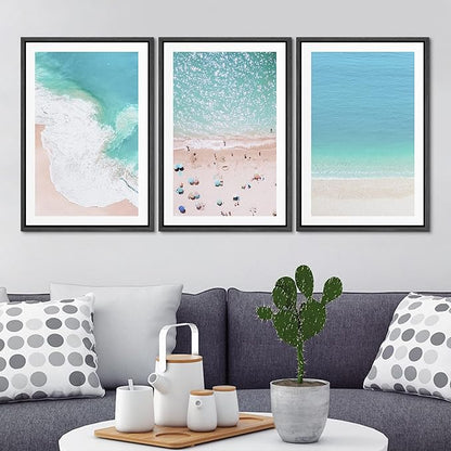 Ashbrook Framed Wall Art Print Set Aerial View Nautical Beach Ocean Wave View Nature Wilderness Photography Modern Art Scenic Colorful Chic for Living Room, Bedroom, Office - 16"x24"x3 Black