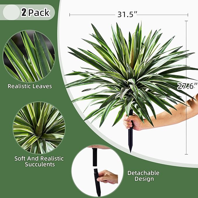 Artificial Agave Plant Fake Agave Planters for Indoor Outdoor Faux Agave Plants Real Touch Realistic Greenery for Home Living Room Office Bathroom Garden Front Porch Patio Decor (27inch-2 Pcs White)