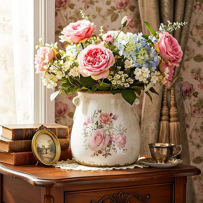 Ceramic Scroll Planter 6.5 Inch Chinoiserie Floral Vase with Drainage Holes Vintage Flower Vase Flower Pot Rustic Ceramic Pots for Indoor Plants Garden Home Bookshelf Decor(Ink Color)