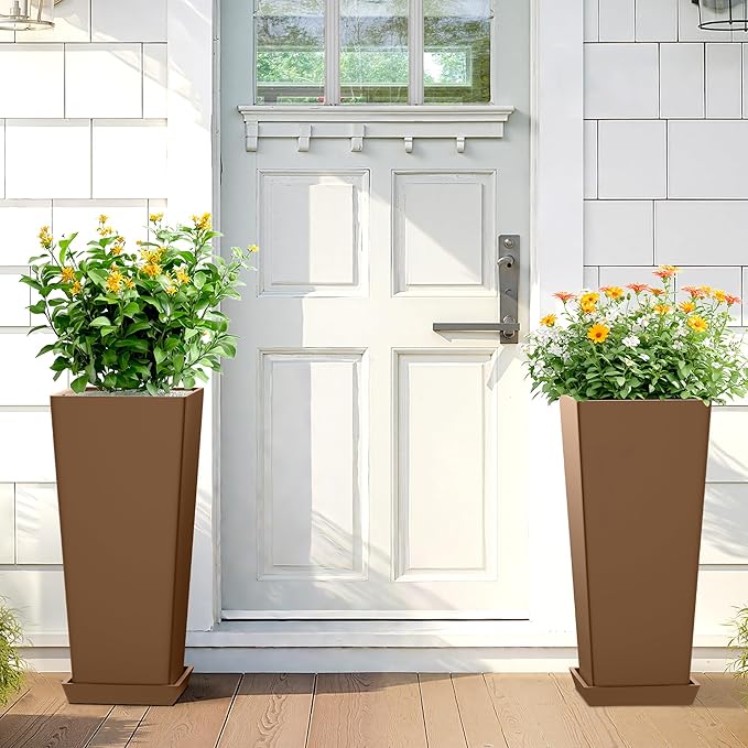 24 Inch Tall Tapered Square Planters (Set of 2) - Indoor Outdoor Large Flower Pots with Built-in Drainage & Matching Water Tray for Patio, Garden, Home - Brown