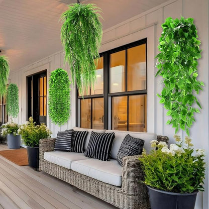24 Pcs Artificial Hanging Plants Fake Hanging Ferns Plastic Faux Plants for Wall Room Garden Garland Indoor Outdoor Decor No Basket (Boston,Eucalyptus,Ivy Vine,String of Pearls)