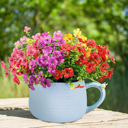 FGSAEOR 12 Bundles Artificial Flowers for Outdoor Indoor, Faux Flower Daisy with Eucalyptus Leaves Fake Plants Greenery, Garden Home Decor for Boxwood Porch Patio (Red/Pink/Purple/Yellow)