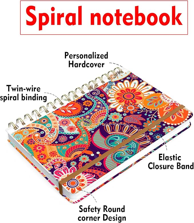 Spiral Journal Notebook for Women, Hardcover A5 College Ruled Notebook, 120 Pages, Thick Paper, Cute Lined Journal for School, Office & Work, 6 x 8.4 in(Red Orange Boho Floral)