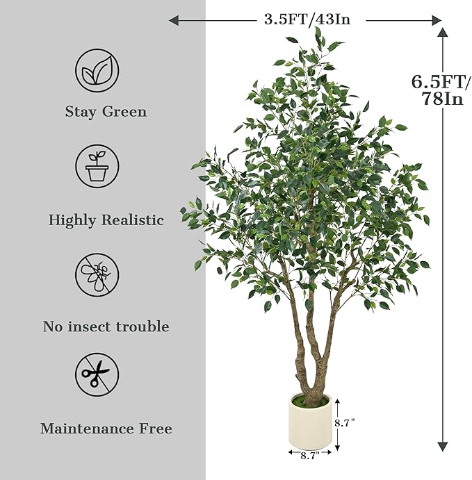 Artificial Ficus Tree 6.5ft - Tall Fake Indoor Tree with Dense Leaves and Realistic Trunks, 78" Faux Tropical Plant Artificial Floor Potted Trees for Home Living Room Office Porch Outdoor Decor