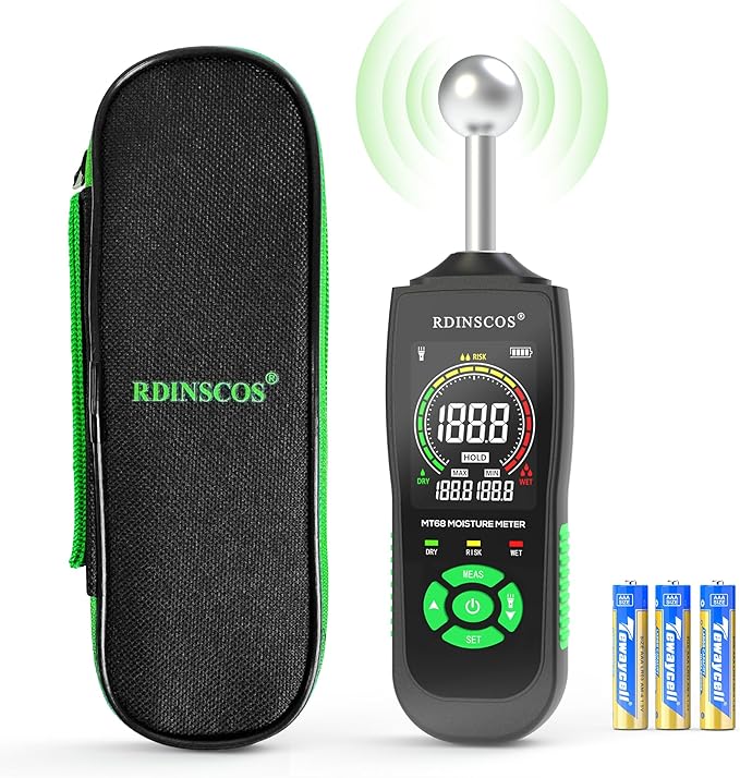 RDINSCOS Pinless Moisture Meter with Ball Sensor – Digital Moisture Detector for Walls, Wood, Drywall, Concrete – Non-Destructive Scanner with LED Flashlight & Custom Alerts