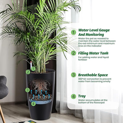 22" Tall Round Planter Set of 2, Self Watering Pots for Indoor Plants, Large Flower Pot Outdoor With Built-In Drainage and a Water Level Monitor, for Patio, Porch, Living Room, or Home Office, Black