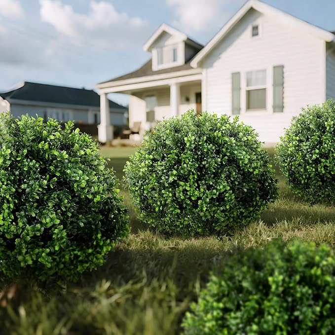 LadyRosian Artificial Boxwood Topiary Tree, 25 Inch 2 Set Outdoor Faux Boxwood Bush Plants,Indoor Ball Trees with Ground Spike, Fake Potted for Home Front Porch Decor Outside Garden