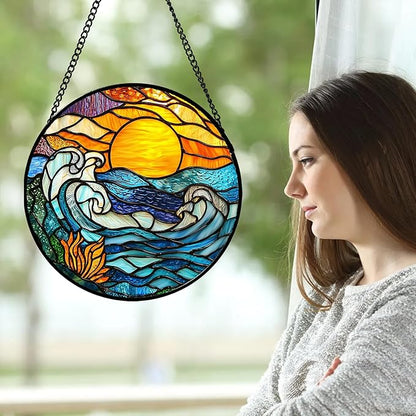 Stained Glass Window Hanging, Orange Sun Blue Sea Waves Landscape Suncatcher for Doors Window Home Sun Catchers Decor Mother's Day Birthday Gifts for Women, Men Mom 7.8 in