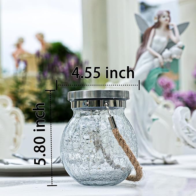 Cooo Christmas Gifts 6 Pack Solar Lanterns Waterproof Outdoor Heavy Crackle Glass 30 LED Warm Firefly Lights Stainless Steel Lid 215% Solar for Women Mom Grandma Outdoor Table Lamps Garden Yard Decor