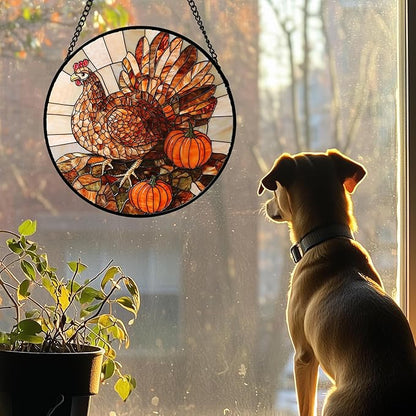 Stained Glass Window Hanging 4 Pcs Set Brown Turkey Berry Corn 7.8" - Suncatcher Door Garden Sun Catcher Decor Birthday Thanksgiving Mother's Day for Mom Woman Nana Men