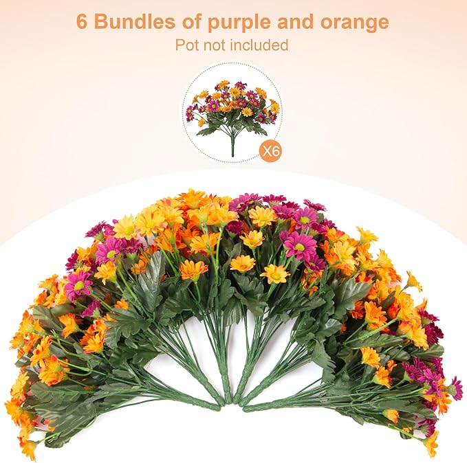 Fake Mums Fall Artificial Flowers for Outdoor Decoration, 6 Bundles Faux Silk Daisy Flowers Realistic UV Resistant No Fade Fall Fake Plants for Home Patio Porch Garden Window Box Decor(Purple Orange)