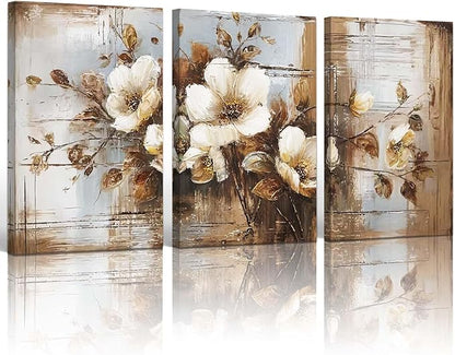 YCJKJDZ Dark Floral Wrapped Canvas Wall Art Set of 3, Neutral Fall Plant Bohemian Vintage Moody Flower Wall Decor Artwork for Farmhouse Bedroom Living Room Office, 16x24 inches