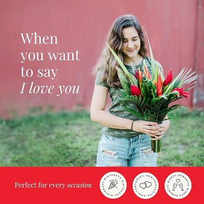 BloomsyBox: Tropical Bouquet Treasure with Bright Heliconias, Red Ginger and Tropical Greener | Fresh Cut Flowers, Hand-Tied, Farm Fresh Flowers Bouquet | Perfect for any special occasion | No Vase