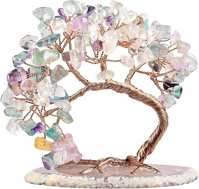 mookaitedecor Natural Fluorite Crystal Money Tree Agate Slice Base Feng Shui Bonsai Crystal Tree for Wealth Luck Desk Decor, 3-4 Inch High