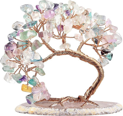 mookaitedecor Natural Fluorite Crystal Money Tree Agate Slice Base Feng Shui Bonsai Crystal Tree for Wealth Luck Desk Decor, 3-4 Inch High
