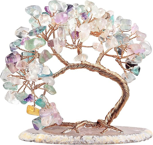 mookaitedecor Natural Fluorite Crystal Money Tree Agate Slice Base Feng Shui Bonsai Crystal Tree for Wealth Luck Desk Decor, 3-4 Inch High