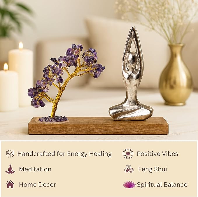 RITUALISTIC Namaste Amethyst Quartz Crystal Tree of Life Handcrafted Feng Shui Gemstone Bonsai Tree Home Decor Items Wealth & Luck Showpiece Decorative Gifts for Vastu, House Warming